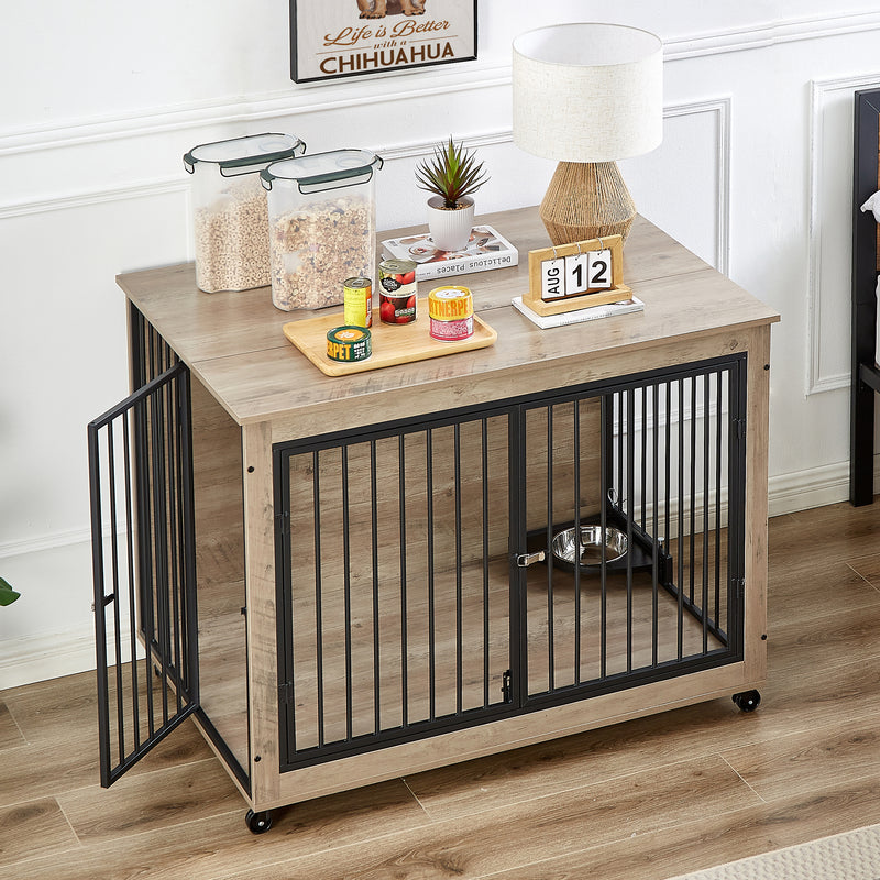 Furniture Style Dog Crate Side Table With Rotatable Feeding Bowl, Wheels, Three Doors, Flip-Up Top Opening. Indoor, Rustic Brown, Grey