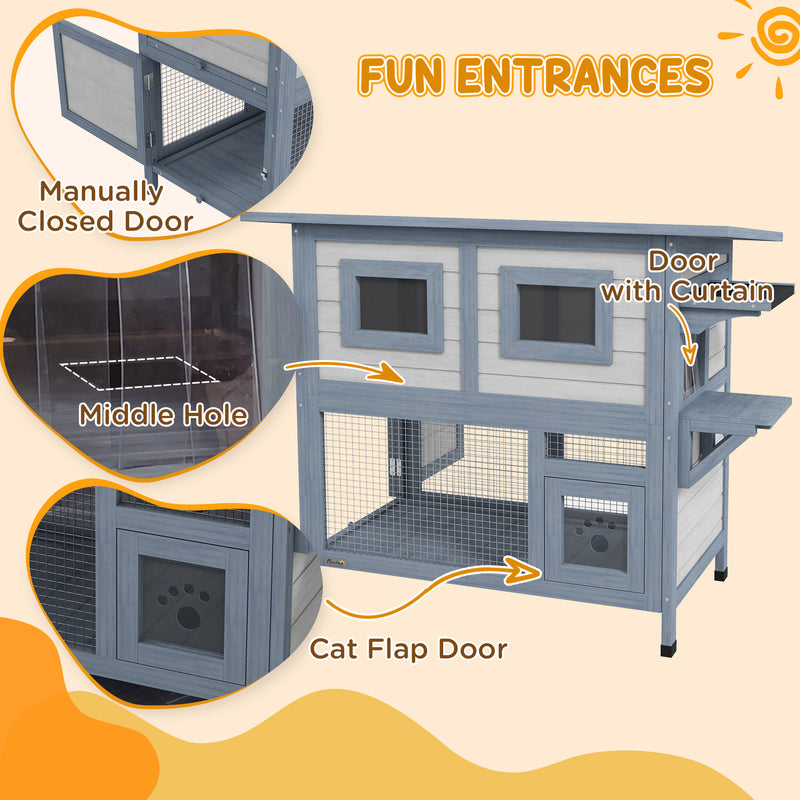 Outdoor Cat House, 2 Tier Weatherproof Feral Cat Shelter with Escape Door, Asphalt Roof, Jump Platform, Large Wooden Cat House for Outside, Backyard, Light Gray