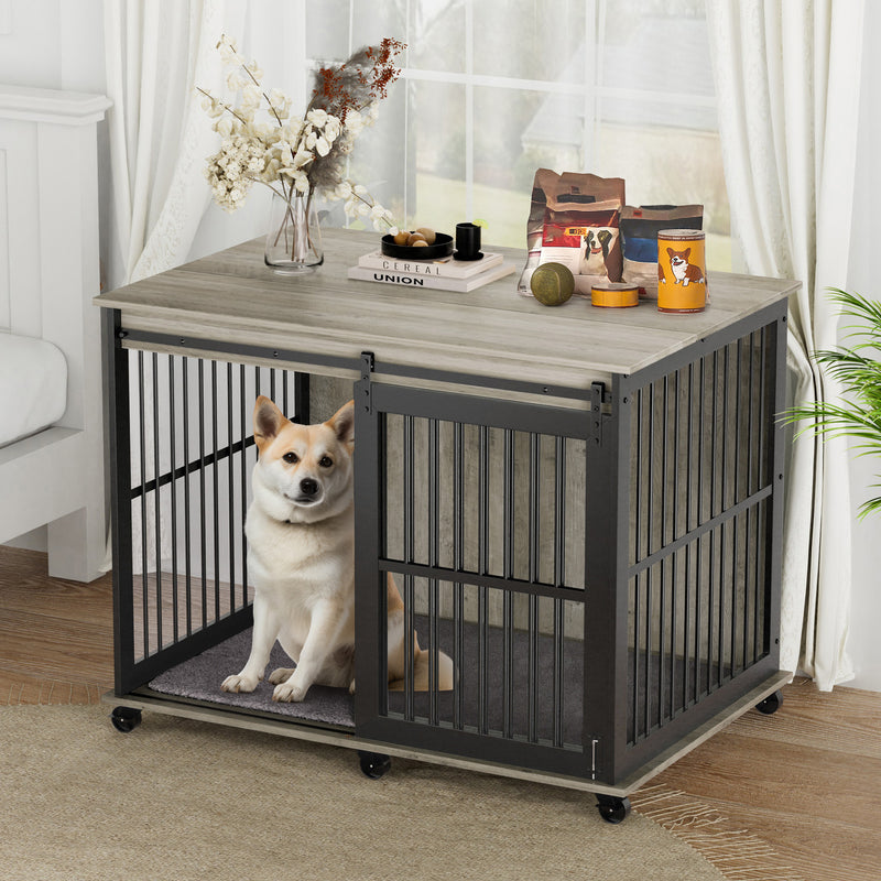 Furniture dog crate sliding iron door dog crate with mat. (Rustic Brown, Grey, 43.7''W x 30''D x 33.7''H)