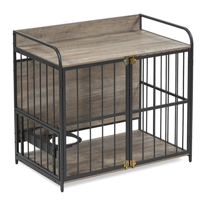 Heavy Duty Dog Crate Furniture for Medium Dog with Lockable Wheels, Wooden Dog Crate Dog Kennel, End Table Crate with Double layer storage, Grey, Brown