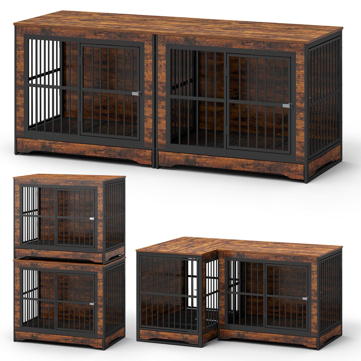 75 Inch Double Dog Crate Furniture with Divider, 4 Combination Forms Large Dog Kennel Furniture with Trays, Rustic Brown Corner Dog Kennel for Small Medium Large Dogs