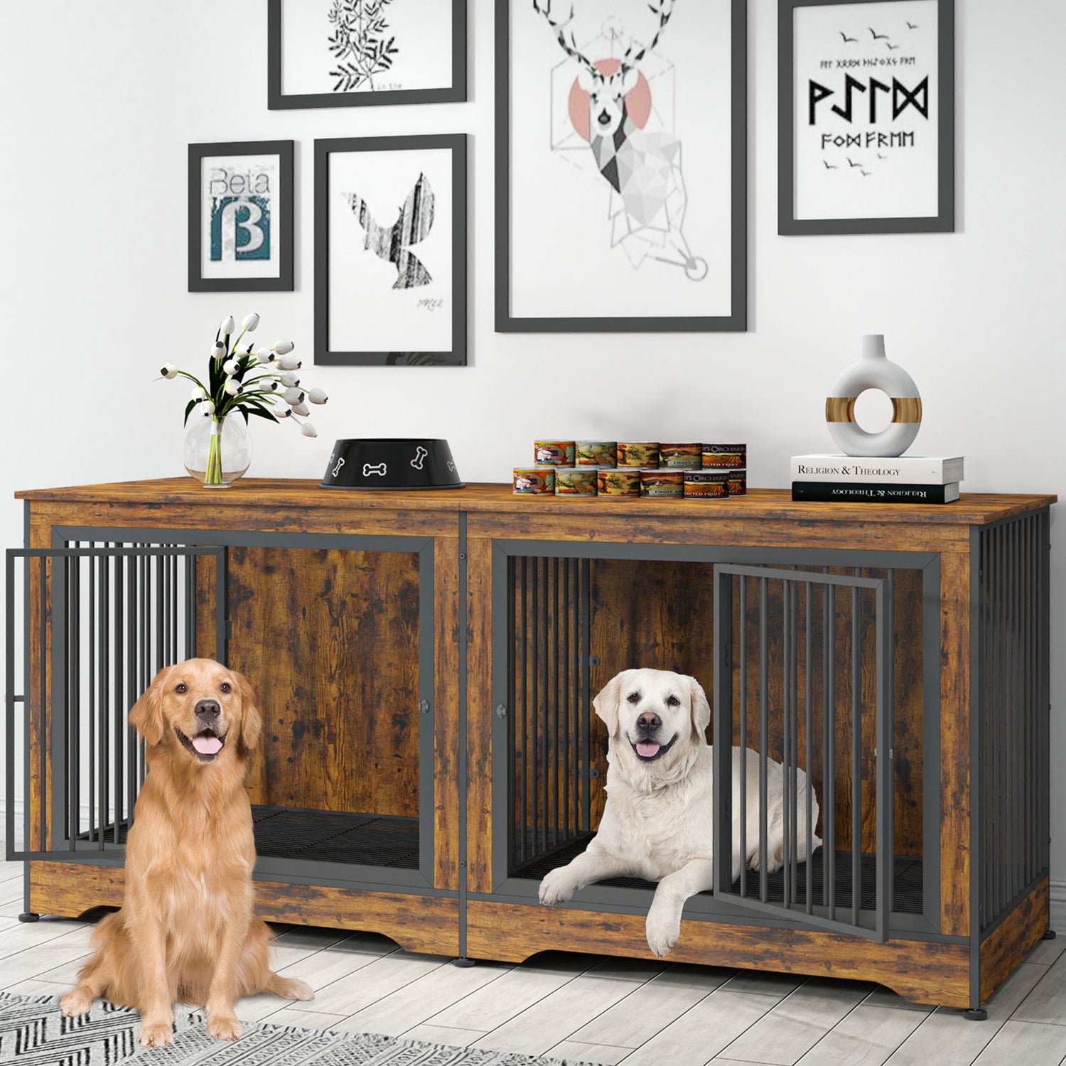 75 Inch Brown Large Double Dog Crate Furniture for 2 Dogs Durable  3-in-1 Dog Crate TV Stand with Trays and Divider, Dog Kennel Indoor