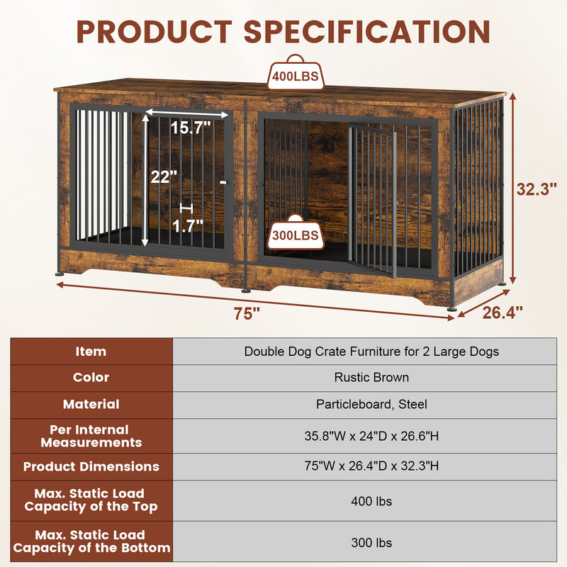 75 Inch Brown Large Double Dog Crate Furniture for 2 Dogs Durable  3-in-1 Dog Crate TV Stand with Trays and Divider, Dog Kennel Indoor