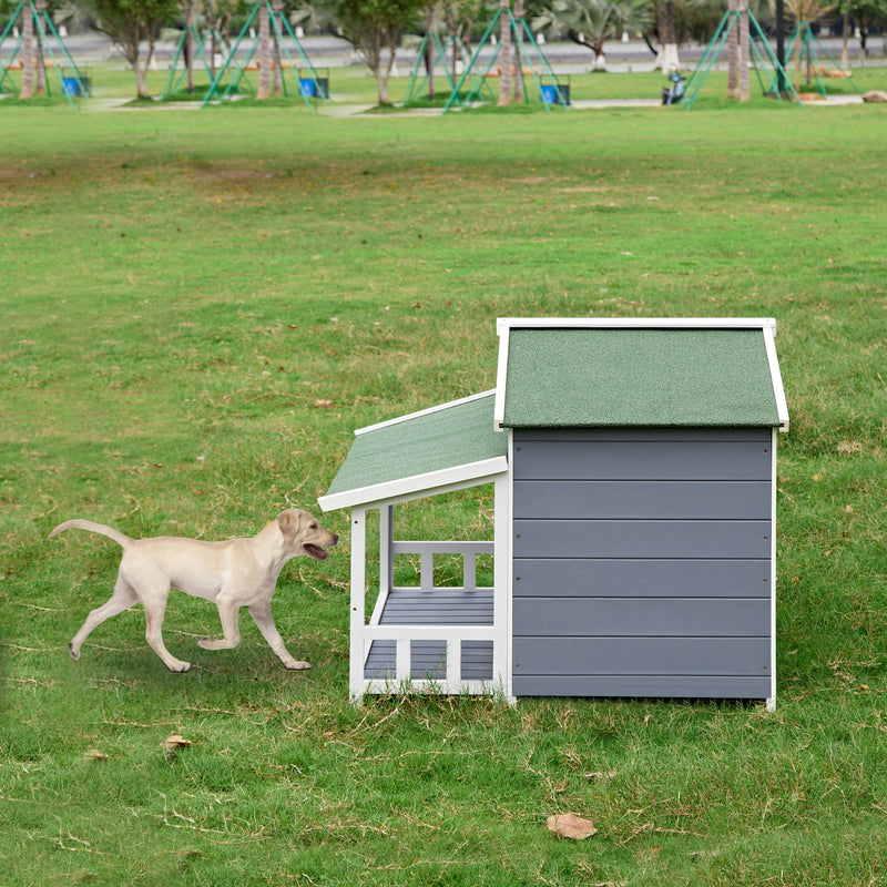 Dog House, Waterproof Dog Cage Kennel, Wooden Outdoor and Indoor Dog House, Raised Pet Kennel for Medium Dogs, Log Cabin Style with Porch,Elevated Floor,Asphalt Roof, 2 Doors, Pine Wood Natural