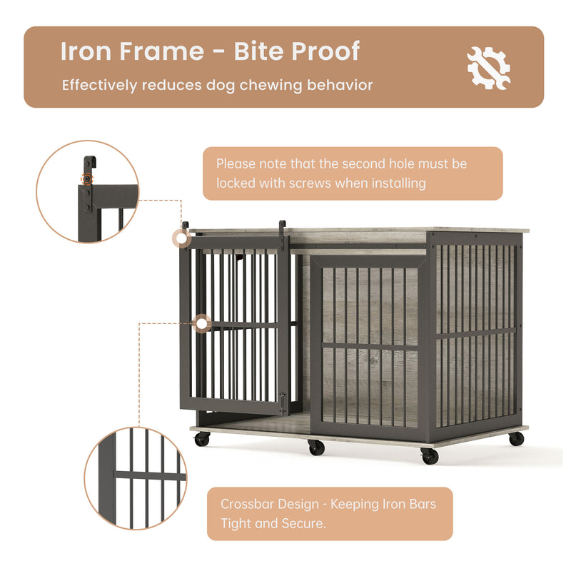 Furniture dog crate sliding iron door dog crate with mat. (Rustic Brown, Grey, 43.7''W x 30''D x 33.7''H)