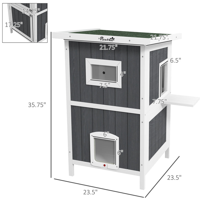 Outdoor Cat House, Wooden Cat House 2 Tiers Cat Shelter with Weatherproof Roof, Removable Floor, Escape Doors, for 1-2 Cats, Gray