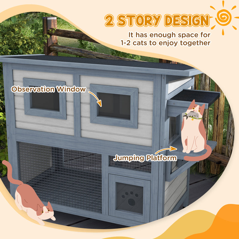 Outdoor Cat House, 2 Tier Weatherproof Feral Cat Shelter with Escape Door, Asphalt Roof, Jump Platform, Large Wooden Cat House for Outside, Backyard, Light Gray