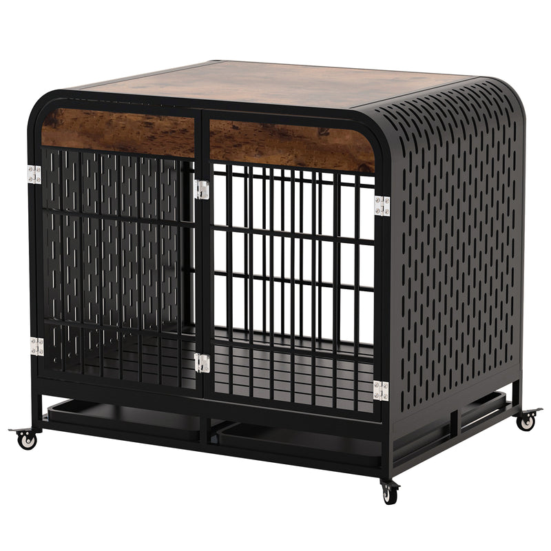 Heavy Duty Dog Crate Furniture Wooden Table Pet Dog Cage Kennel House Indoor Side End Table Decor with Removable Trays and Lockable Wheels for Medium and Large Dogs