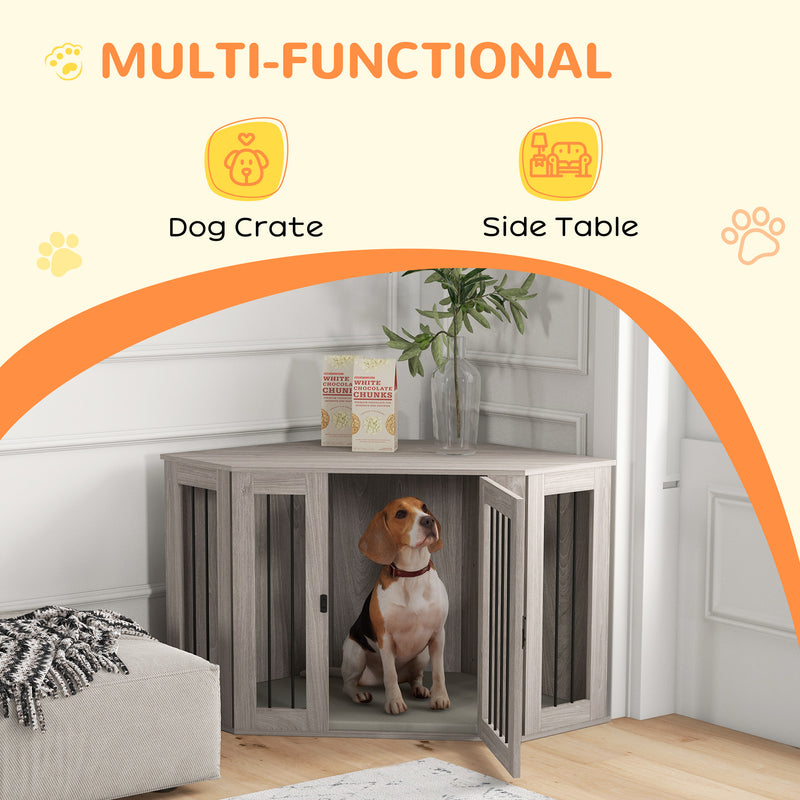 Corner Dog Crate Furniture, End Table Dog Kennel Furniture with Cushion, Pet Crate for Large-Sized Dog Indoor Use, Walnut Brown