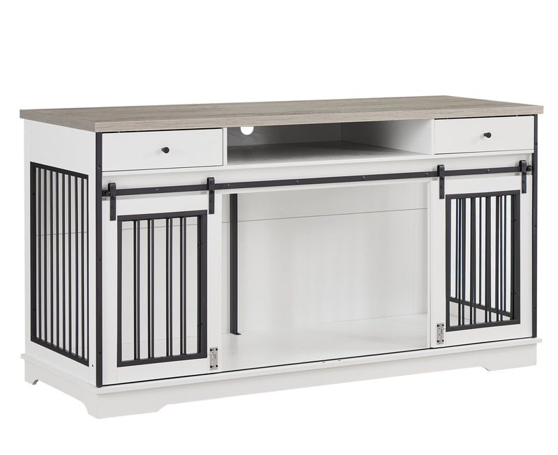 Super large TV cabinet dog crate dog cage with 2 drawers End table, dog cage can keep two dogs. White & Grey, 66.1'' W x 23.6'' D x 36'' H.