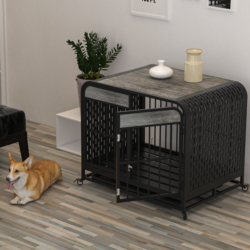 Heavy Duty Dog Crate Furniture Wooden Table Pet Dog Cage Kennel House Indoor Side End Table Decor with Removable Trays and Lockable Wheels for Medium and Large Dogs