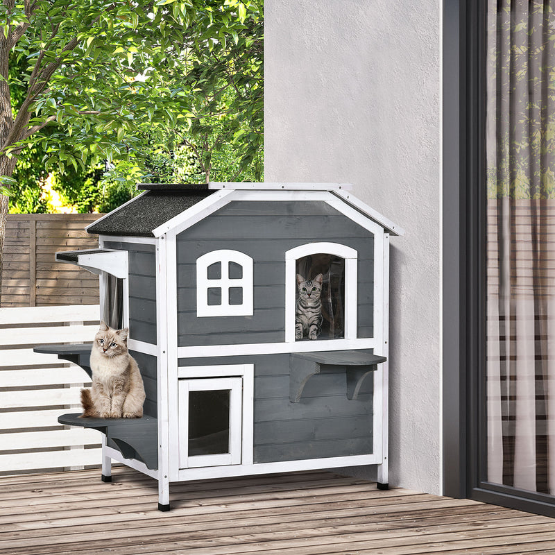 2-story Cat House Outdoor, Weatherproof Wooden Cat Enclosure for Feral Cats with Escape Door, Openable Roof, Jumping Platforms, Gray