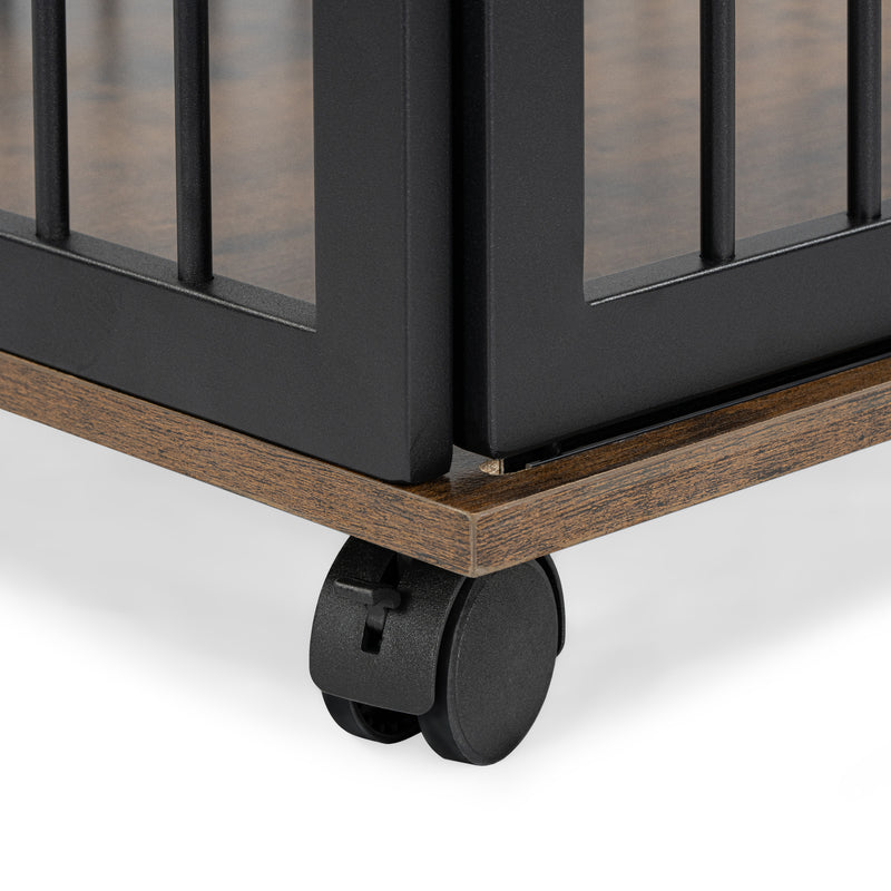 Heavy Duty Dog Crate Furniture for Medium Dog with Lockable Wheels, Wooden Dog Crate Dog Kennel, End Table Crate with Double layer storage, Grey, Brown