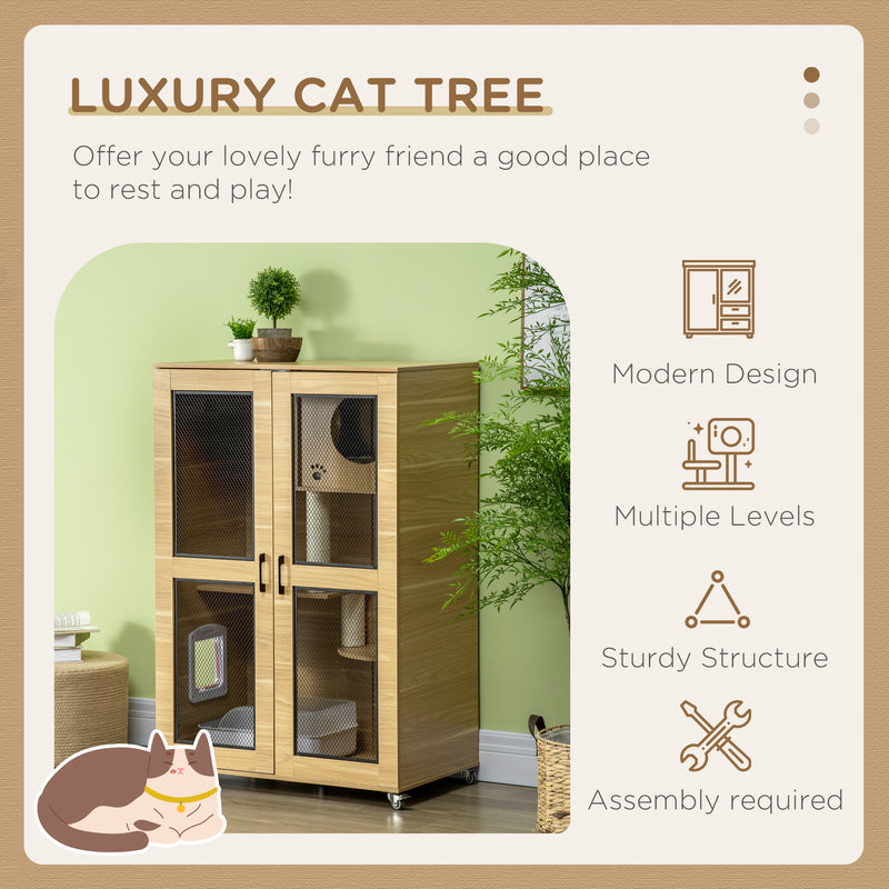 Luxury Cat House with Wheels,  Kitty Cage Catio Villa for Indoor Cats with Scratching Posts, Condo, Flap Door, Cushion, Oak, 31.5" x 20" x 48.5"