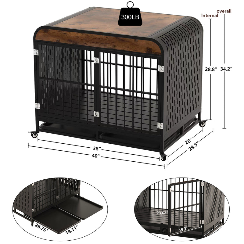 Heavy Duty Dog Crate Furniture Wooden Table Pet Dog Cage Kennel House Indoor Side End Table Decor with Removable Trays and Lockable Wheels for Medium and Large Dogs