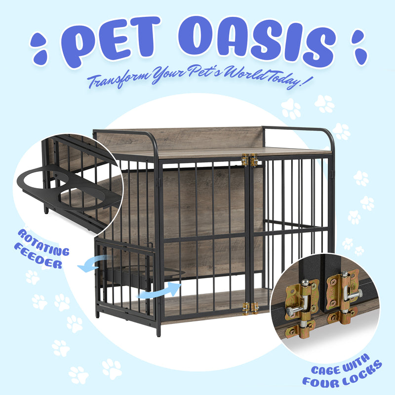 Heavy Duty Dog Crate Furniture for Medium Dog with Lockable Wheels, Wooden Dog Crate Dog Kennel, End Table Crate with Double layer storage, Grey, Brown