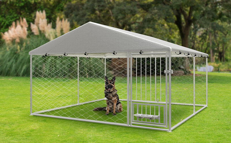 Large outdoor kennel, heavy duty outdoor fenced dog cage with swivel feeder, outdoor dog playpen with waterproof UV protection cover and safety lock,10' W x 10' D x 5' H.