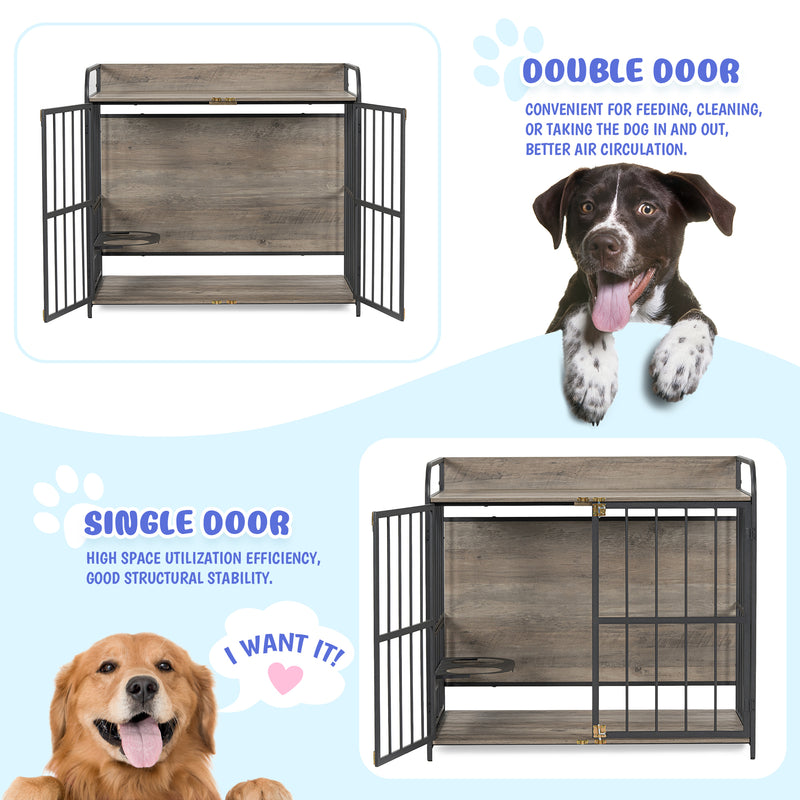 Heavy Duty Dog Crate Furniture for Medium Dog with Lockable Wheels, Wooden Dog Crate Dog Kennel, End Table Crate with Double layer storage, Grey, Brown
