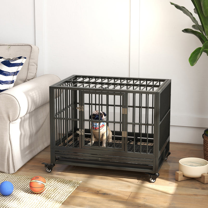 36" Heavy Duty Dog Crate Metal Cage Kennel with Lockable Wheels, Double Door and Removable Tray, Gray