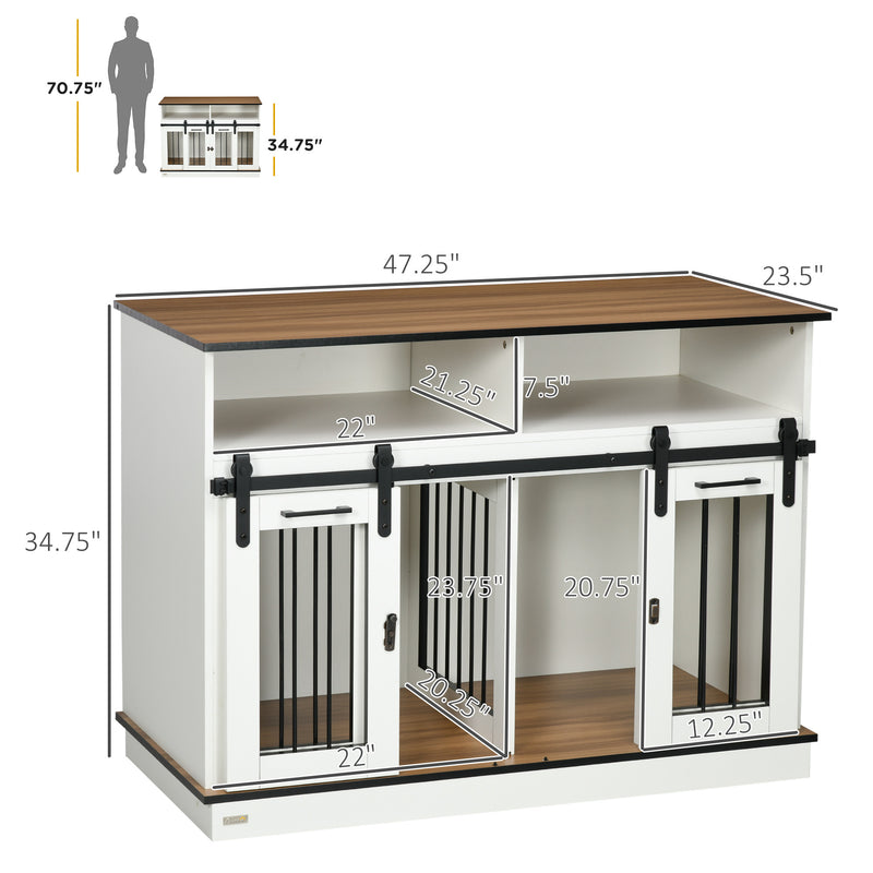 Dog Crate Furniture for Large Dogs or Double Dog Kennel for Small Dogs with Shelves, Sliding Doors, 47" x 23.5" x 35", White