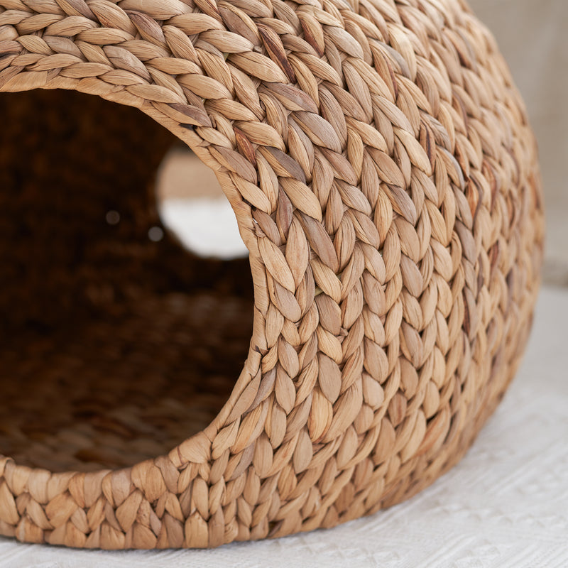 Water Hyacinth Woven Wicker Round Cat Bed Cave with Handles - 18" x 18" x 18" - For Any Size Cat Breeds, Chihuahua and Use with Cat Tower