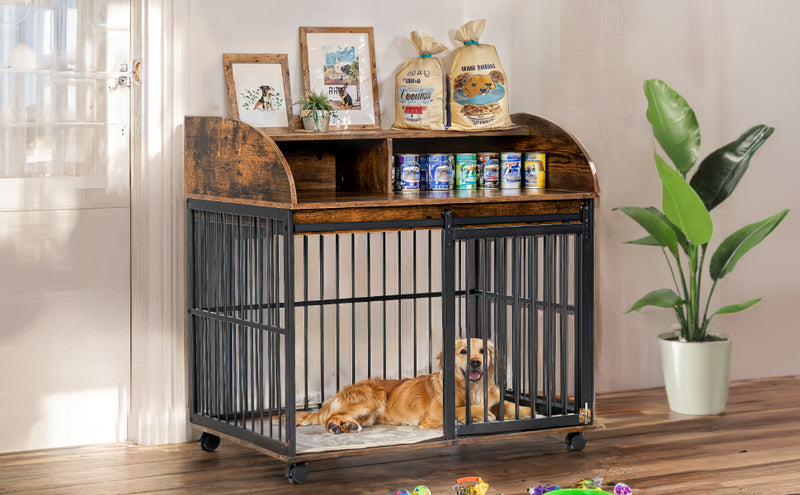 Heavy Duty Dog Crate Furniture for Medium Dog with Lockable Wheels, Wooden Dog Crate Dog Kennel, End Table Crate with Double layer storage, Grey, Brown