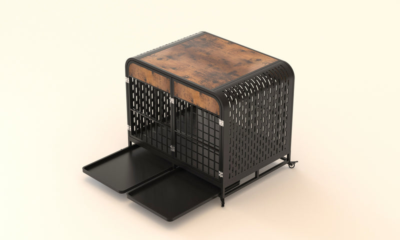 Heavy Duty Dog Crate Furniture Wooden Table Pet Dog Cage Kennel House Indoor Side End Table Decor with Removable Trays and Lockable Wheels for Medium and Large Dogs