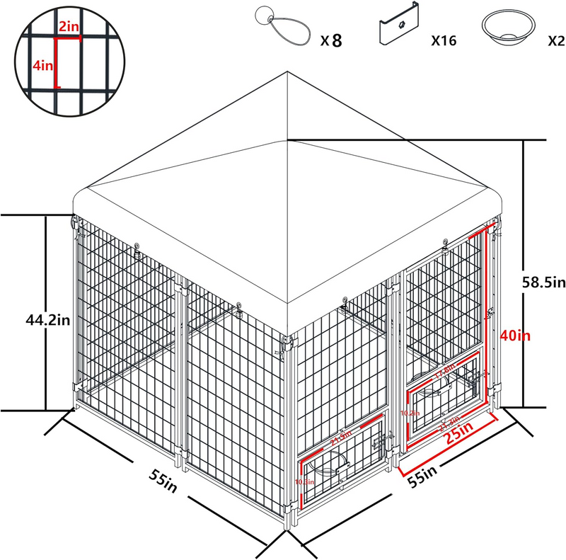 Outdoor Dog Kennel 4.5' x 4.5' x 4.8' with Waterproof Heavy Duty Metal Dog Cage,Outside Dog Enclosure with Lockable Door with Roof & Rotating Feeding Door,2 Bowl Holders and Bowls for Small/Medium Dog