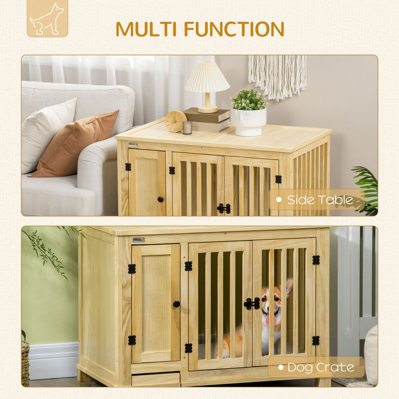 Wood Dog Crate Furniture with Hidden Food Bowl in Drawer, Dog Crate End Table with Cushion, Double Doors, for Small Dogs Indoor Use, Natural