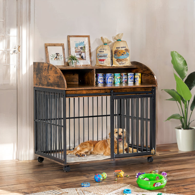 Heavy Duty Dog Crate Furniture for Medium Dog with Lockable Wheels, Wooden Dog Crate Dog Kennel, End Table Crate with Double layer storage, Grey, Brown