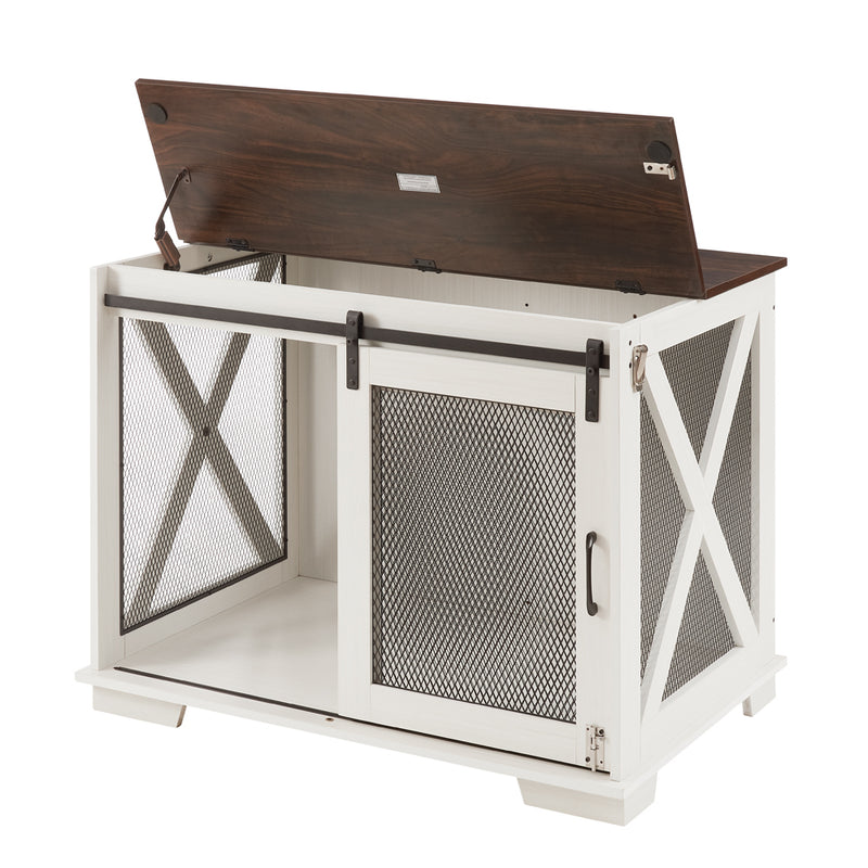 Dog Cage Crate Furniture with Sliding Barn Door,  Farmhouse Wooden Dog Kennel End Table with Flip-top Plate Dog House with Detachable Divider for Small/Medium/Large Dog