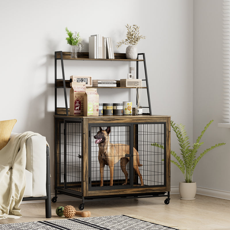 Furniture type dog cage iron frame door with cabinet, two door design, Rustic Brown, 37.99"WX27.36"DX59.92"H