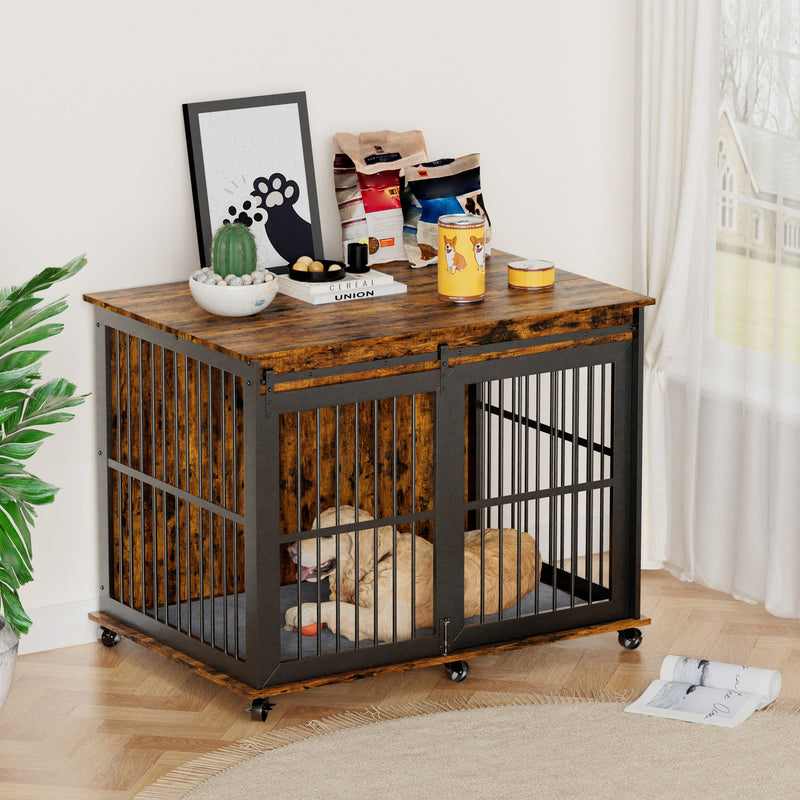 Furniture dog crate sliding iron door dog crate with mat. (Rustic Brown, Grey, 43.7''W x 30''D x 33.7''H)