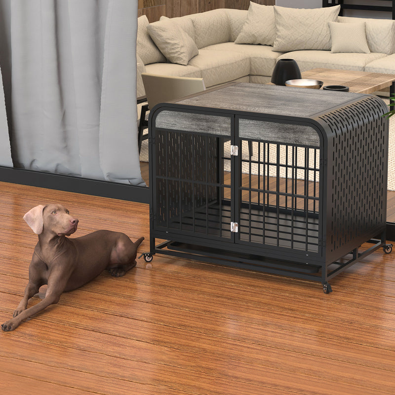 Heavy Duty Dog Crate Furniture Wooden Table Pet Dog Cage Kennel House Indoor Side End Table Decor with Removable Trays and Lockable Wheels for Medium and Large Dogs