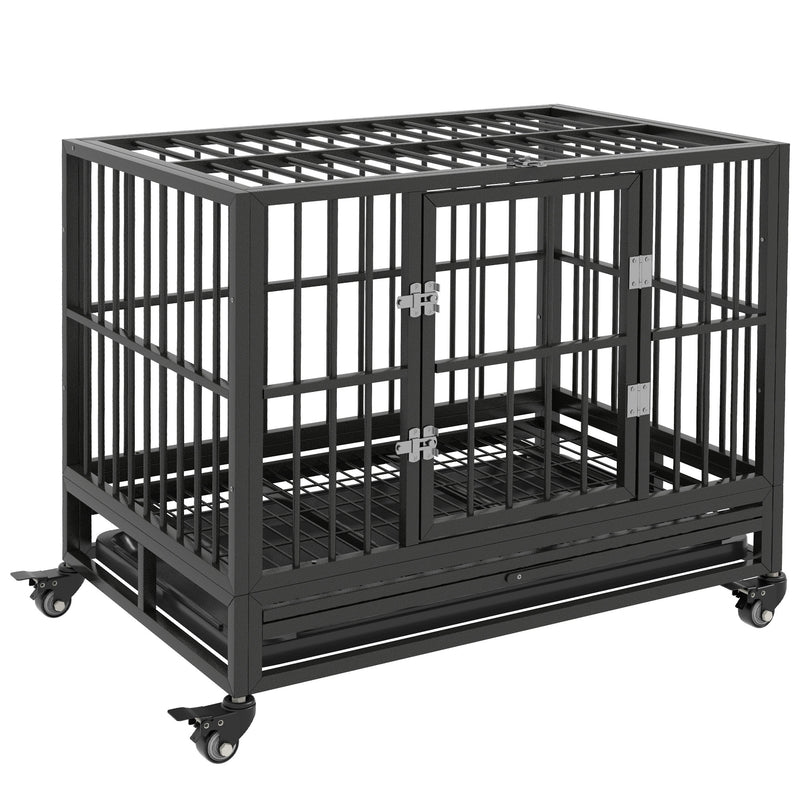 36" Heavy Duty Dog Crate Metal Cage Kennel with Lockable Wheels, Double Door and Removable Tray, Gray