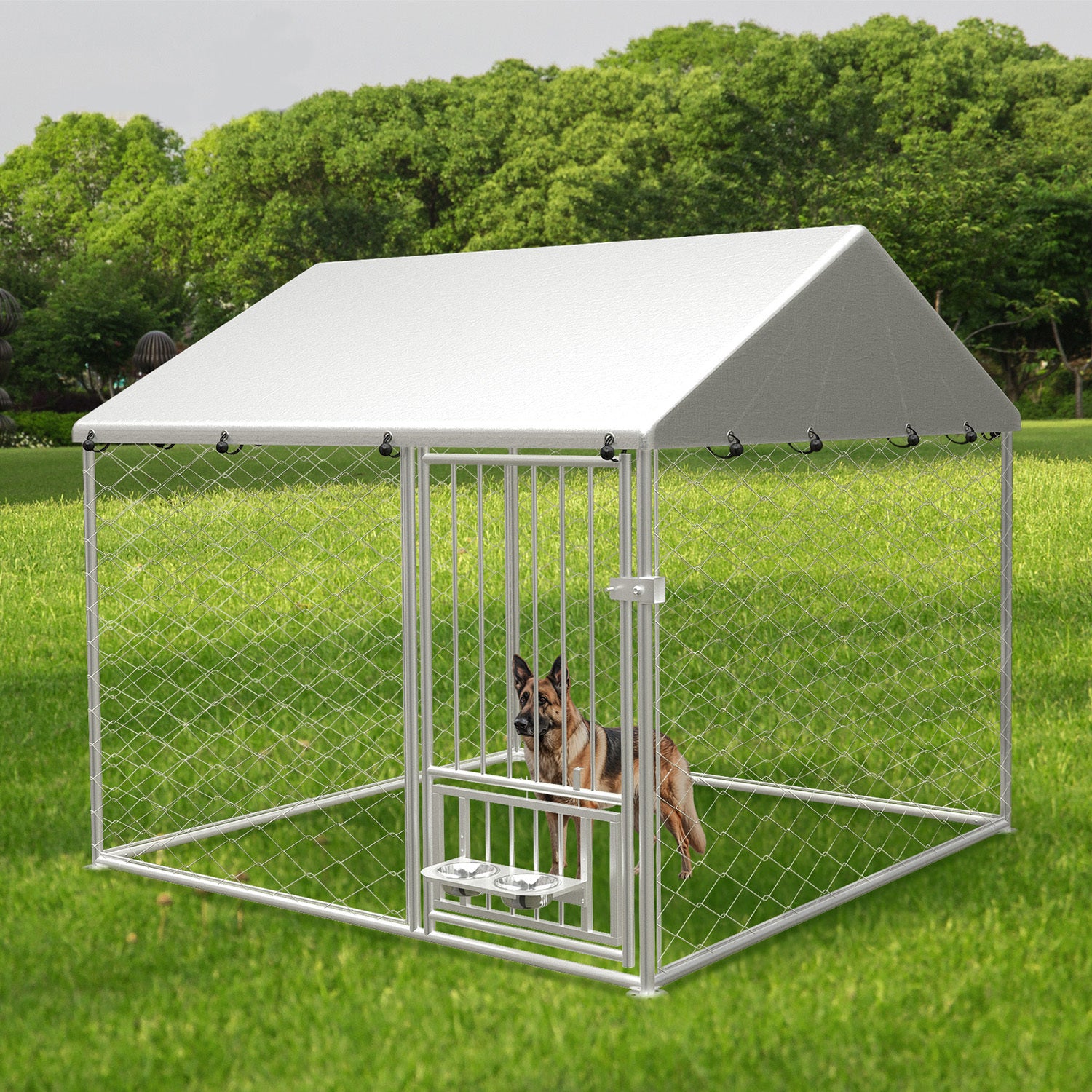 Large outdoor kennel, heavy duty outdoor fenced dog cage with swivel feeder, outdoor dog playpen with waterproof UV protection cover and safety lock,6.67'w x 6.67'd x 5'h