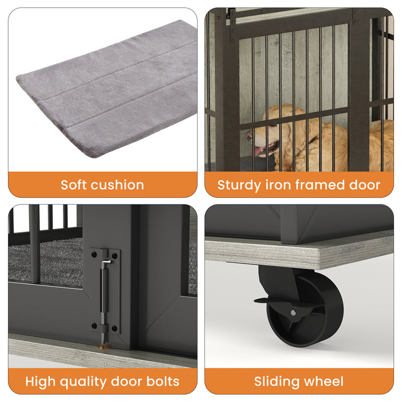 Furniture dog crate sliding iron door dog crate with mat. (Rustic Brown, Grey, 43.7''W x 30''D x 33.7''H)