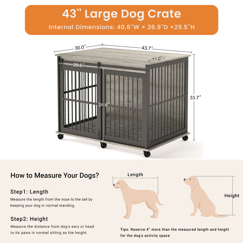 Furniture dog crate sliding iron door dog crate with mat. (Rustic Brown, Grey, 43.7''W x 30''D x 33.7''H)