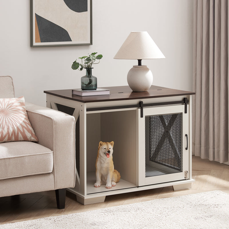 Dog Cage Crate Furniture with Sliding Barn Door,  Farmhouse Wooden Dog Kennel End Table with Flip-top Plate Dog House with Detachable Divider for Small/Medium/Large Dog