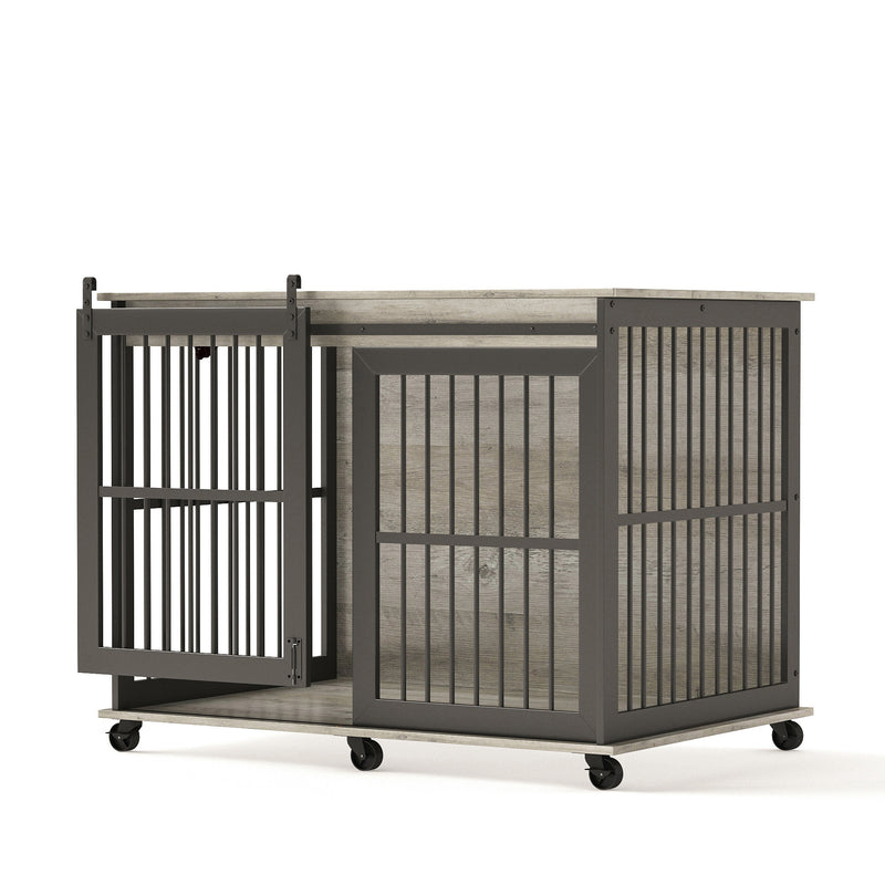 Furniture dog crate sliding iron door dog crate with mat. (Rustic Brown, Grey, 43.7''W x 30''D x 33.7''H)