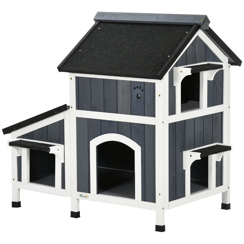 Outdoor Cat House with Weather-resistant Roof & Garden Bed, Outdoor Cat Shelter Enclosure with Multiple Entrances, Modern Cat Furniture Hideout, Cat Gifts, Gray