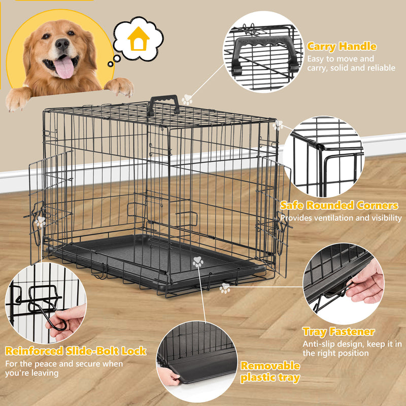 Dog Crate with Divider Panel,Double Door Folding Metal Wire Dog Cage with Plastic Leak-Proof Pan Tray, Pet Kennel for Indoor