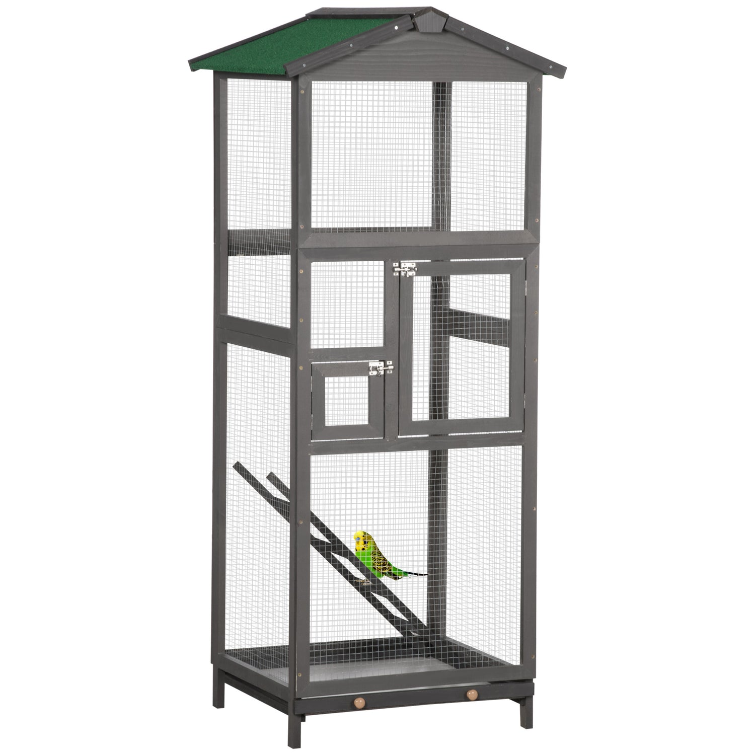 65" Wooden Bird Cage Outdoor Aviary House for Parrot, Parakeet, with Pull Out Tray and 2 Doors, Grey