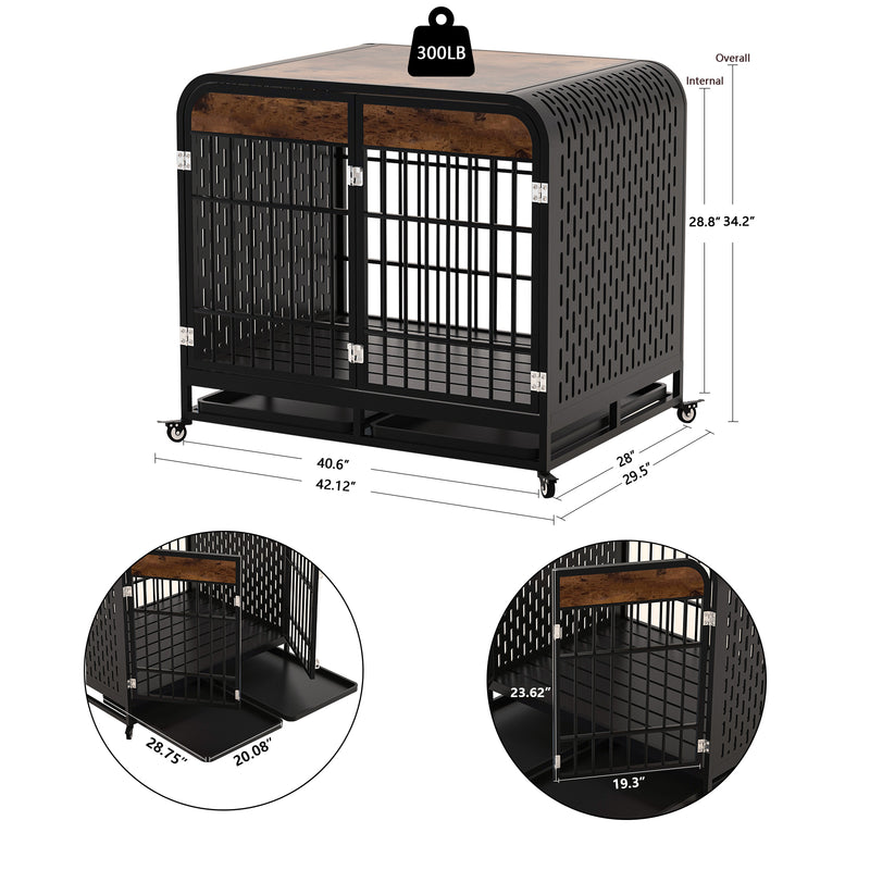 Heavy Duty Dog Crate Furniture Wooden Table Pet Dog Cage Kennel House Indoor Side End Table Decor with Removable Trays and Lockable Wheels for Medium and Large Dogs