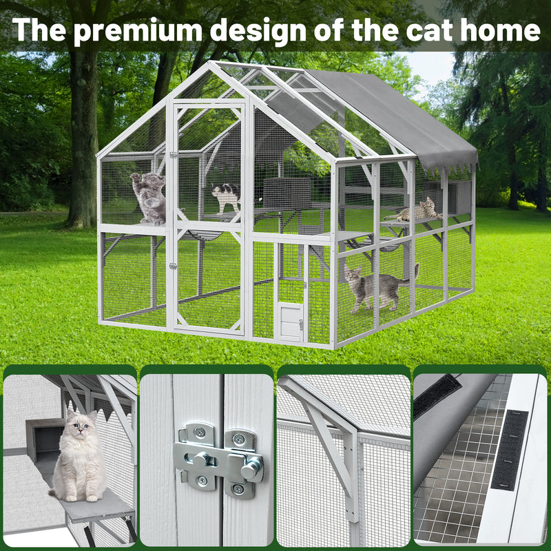 Outdoor Cat House Cat Enclosures 110" Large Kitten Playpen with Platforms,Upgrade Waterproof Cover & White