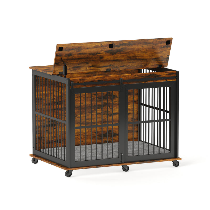 Furniture dog crate sliding iron door dog crate with mat. (Rustic Brown, Grey, 43.7''W x 30''D x 33.7''H)