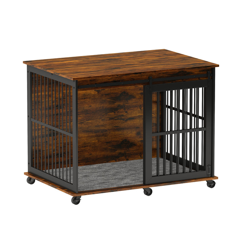 Furniture dog crate sliding iron door dog crate with mat. (Rustic Brown, Grey, 43.7''W x 30''D x 33.7''H)