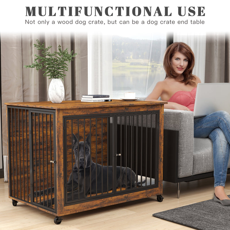 39inch Brown Furniture Dog Crate for Large Dogs with 180° Rotatable Bowl, Multi-Functional Dog Crate End Table with Wheels Flip-up Top Opening