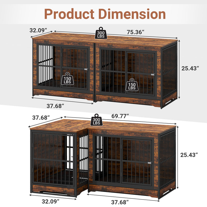 75 Inch Double Dog Crate Furniture with Divider, 4 Combination Forms Large Dog Kennel Furniture with Trays, Rustic Brown Corner Dog Kennel for Small Medium Large Dogs