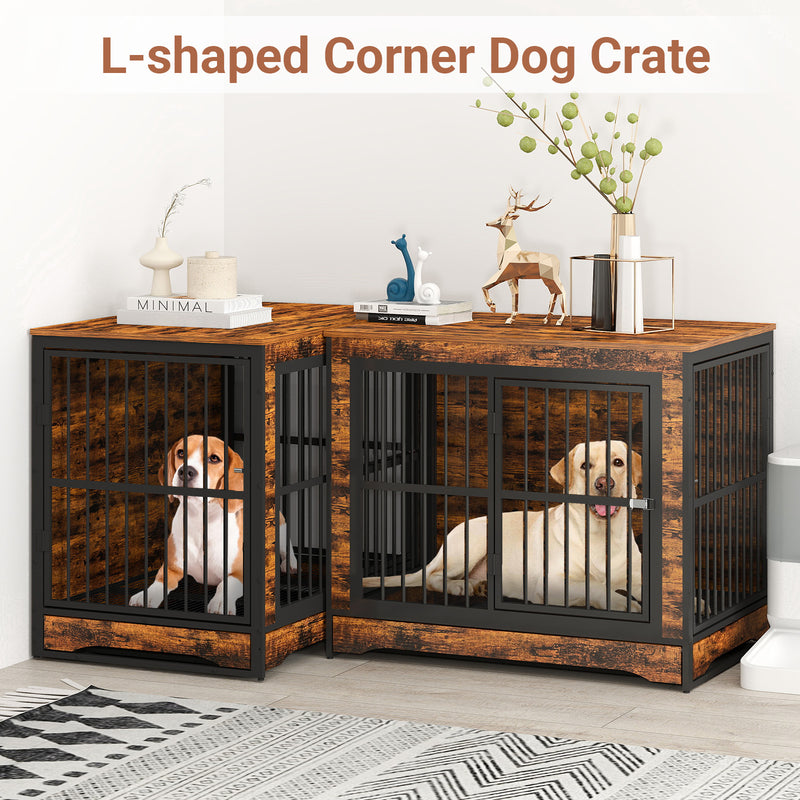 75 Inch Double Dog Crate Furniture with Divider, 4 Combination Forms Large Dog Kennel Furniture with Trays, Rustic Brown Corner Dog Kennel for Small Medium Large Dogs